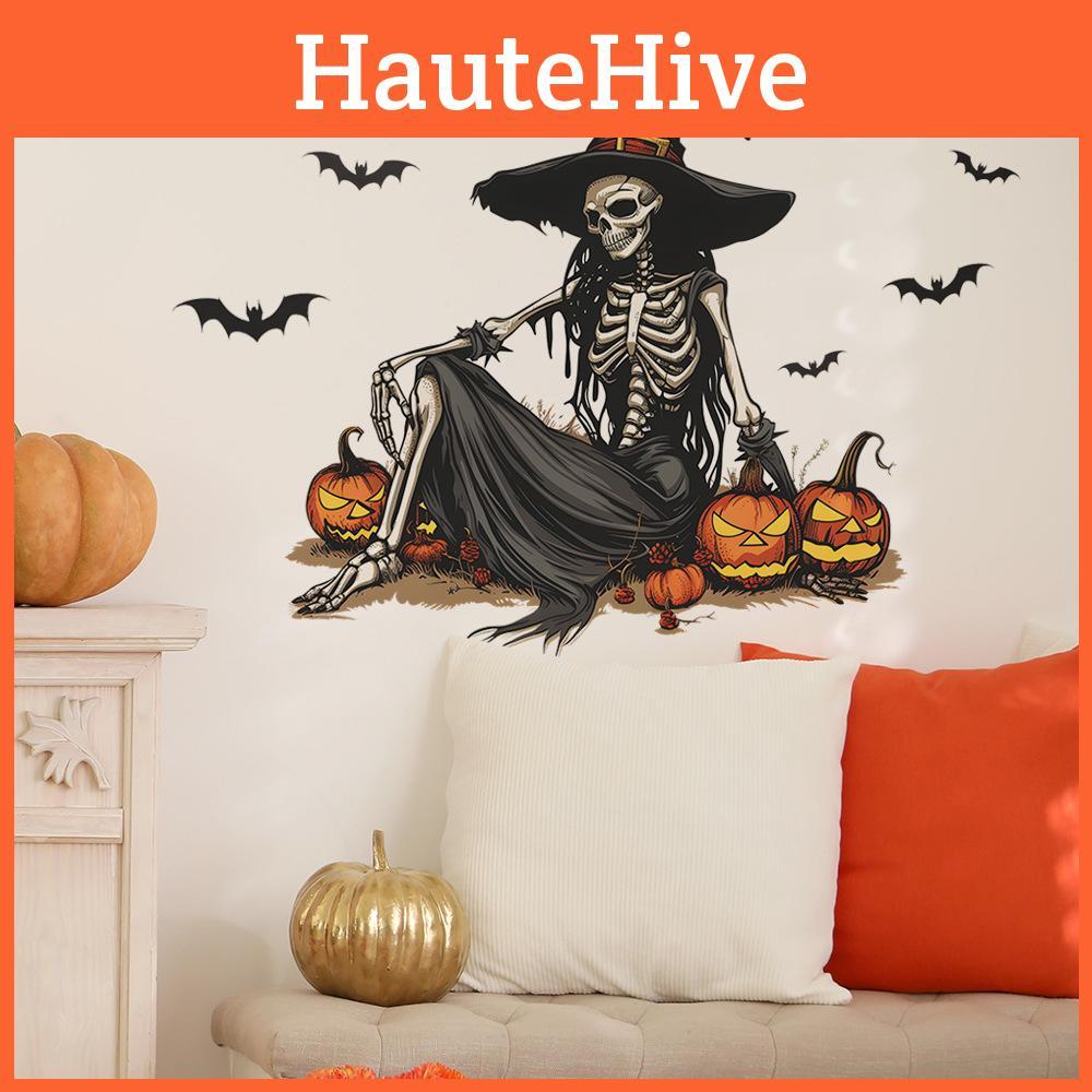 Halloween Witch Skeleton Pumpkin Bat Living Room Foyer Background Decor Stickers