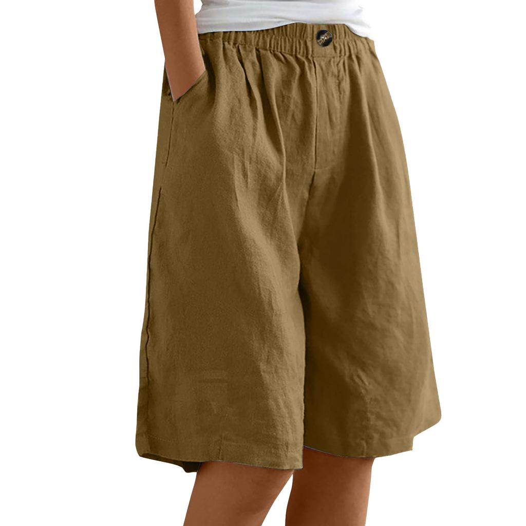 Women's High Waist Elastic Waistband Linen Bermuda Shorts Casual Loose Wide Leg Shorts With Side Pockets For Summer