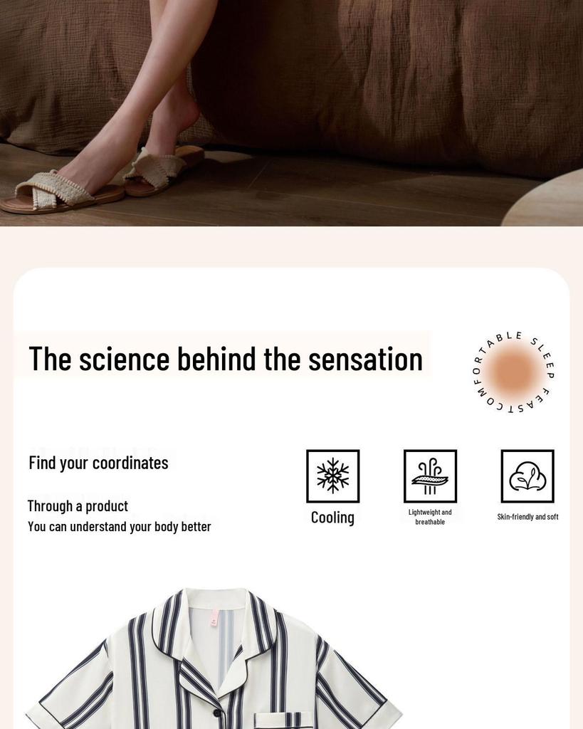 Damen Gestreiftes Eis Seiden Pyjama Set, Kurzarm Oberteil & Shorts für Drinnen oder Draußen