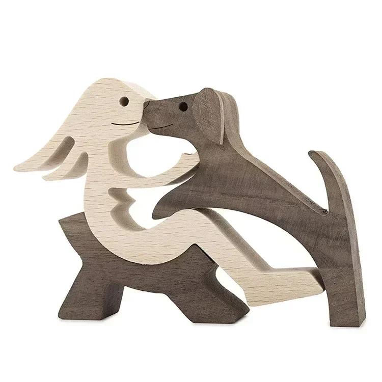 Cute Family Puppy Wood Dog Craft Ornament Figurine Natural Gift for Home Decoration Accessories Handmade Sculptures Decor