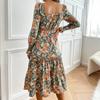 YYFS Women's Vintage Floral Print Long Sleeve Square Collar Casual Dresses