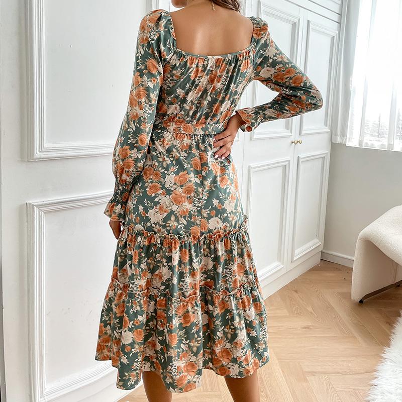 YYFS Women's Vintage Floral Print Long Sleeve Square Collar Casual Dresses