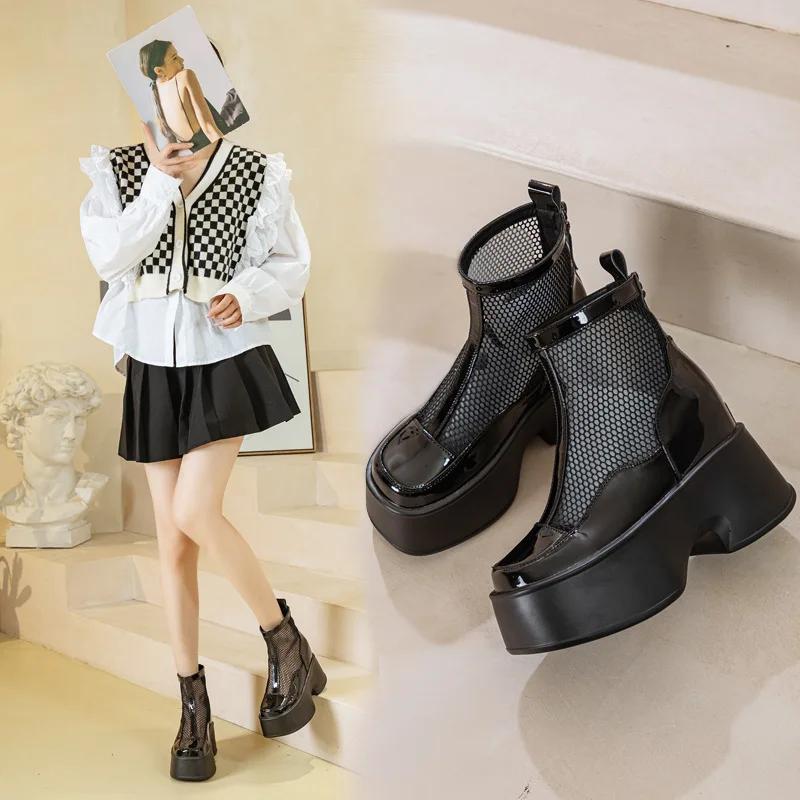 Fashion Hot sale 11cm Air Mesh Breathable Motorcycle Ankle Boots Woman Fashion Sandals Platform Patent Leather Shoes Hollow Boots Summer