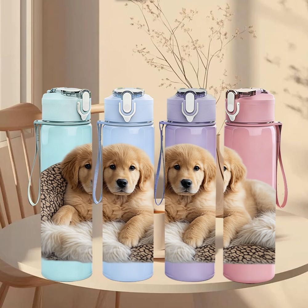 1PC Sleepy Puppy Fluffy Dog Print 750ml Color Plastic Sports Water Bottle Leakproof Flip Straw Lid Suitable for Sports Office Home Use