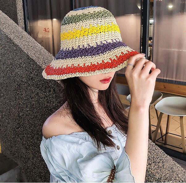 Summer new seaside photo big brim fisherman hat colorful dopamine foldable woven sunshade straw hat women