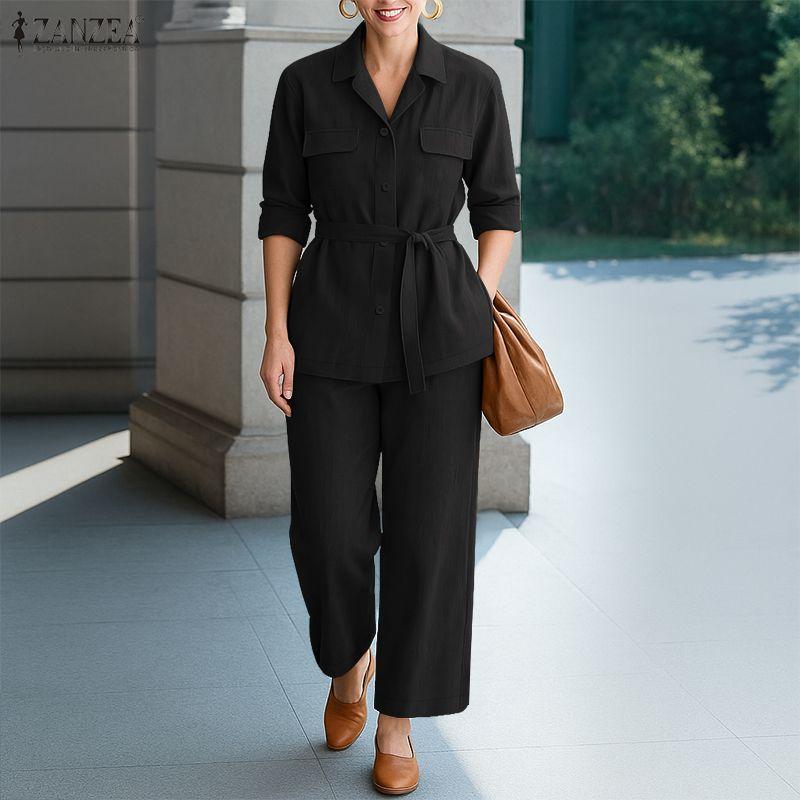 ZANZEA Women Long Sleeve Blouse and Pants Casual Two Piece Suit Sets