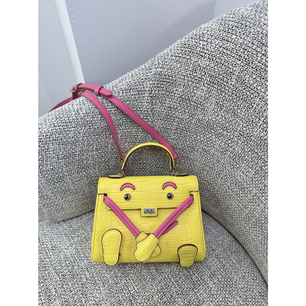 Millennium Doll Bag Smiley Face Bag Genuine Leather Mini Handbag First Layer Cowhide Alligator Pattern Shoulder Messenger Bag Women
