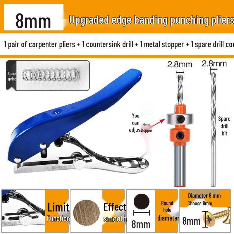 Edge Banding and Cap Puncher for Wood, Paper, and PVC - Single Round Hole, Flat, and Angled Puncher