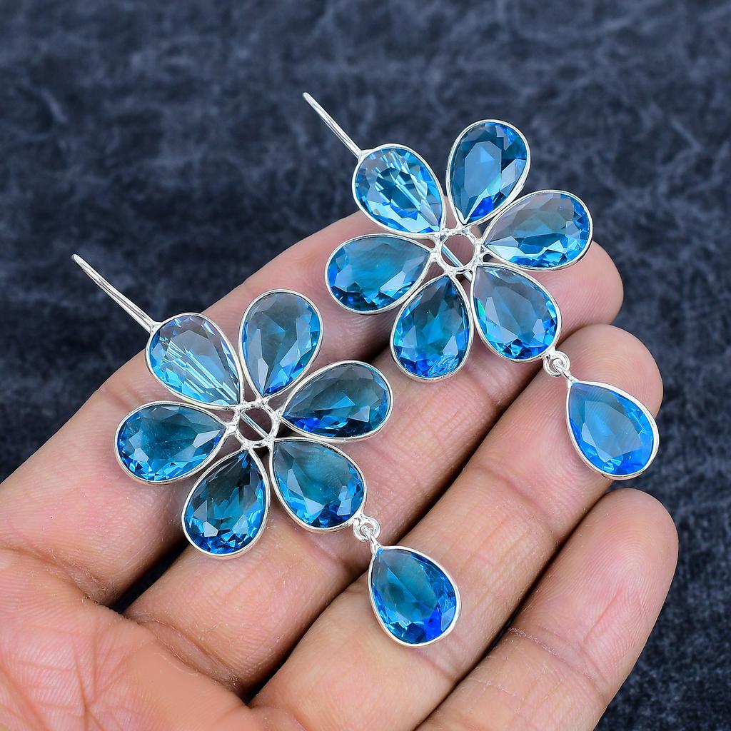 Blue Topaz Gemstone Handmade 925Sterling Silver Jewelry Earring 2.76" M-3140