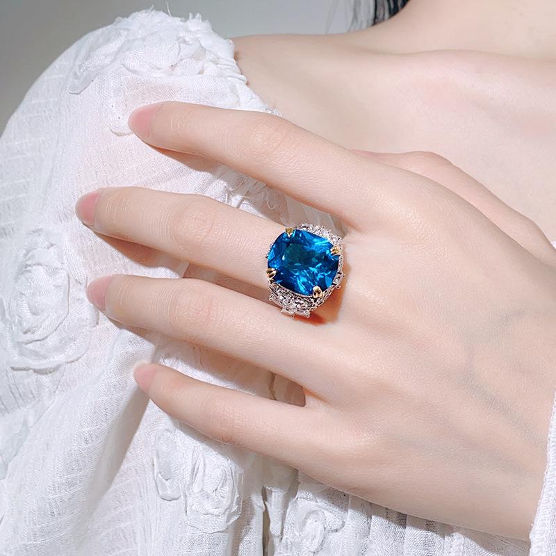 Jewelry Ring, Zircon Female Rectangular Simulation Sapphire, Paraiba High-End One Piece.