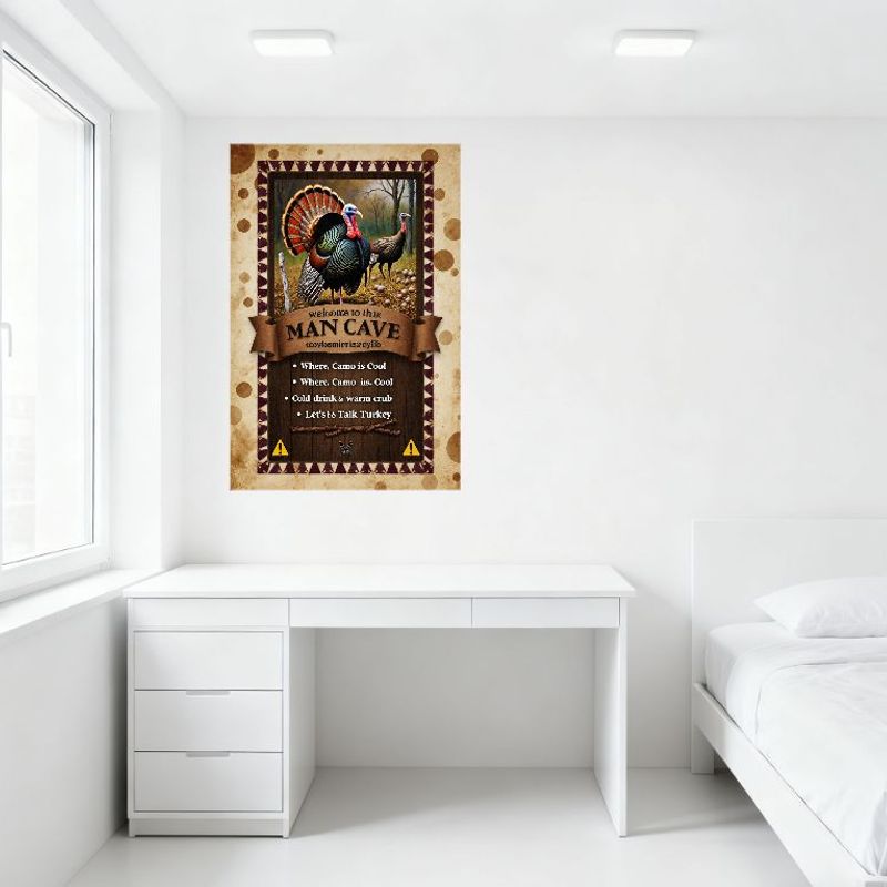 Rustic Wooden Texture Turkey Man Cave Metal Tin Sign, Camo Decor, Cold Drink & Warm Crib, Let's Talk Turkey, Warning Symbols, Ho