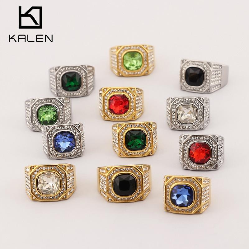 Hip-Hop Rock Octagonal Three-Dimensional Diamond Ring, Luxurious Round Zircon Titanium Steel Men'S Ring