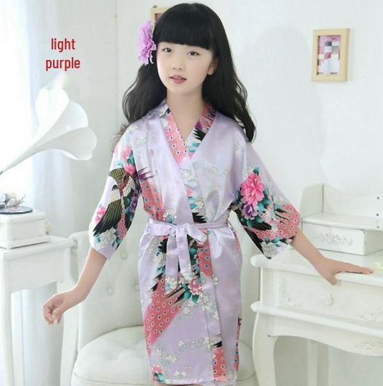 

Шелковый халат-кимоно с павлином для девочек - Детская ночная сорочка, одежда для сна, халат 100cm (2#) светло-фиолетовый