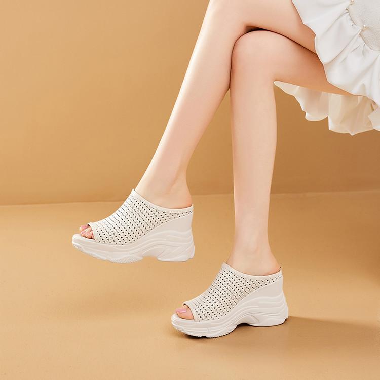 Fashion leather wedge slippers 2025 summer thick-soled muffin shoes women's hollow breathable fish mouth high heels
