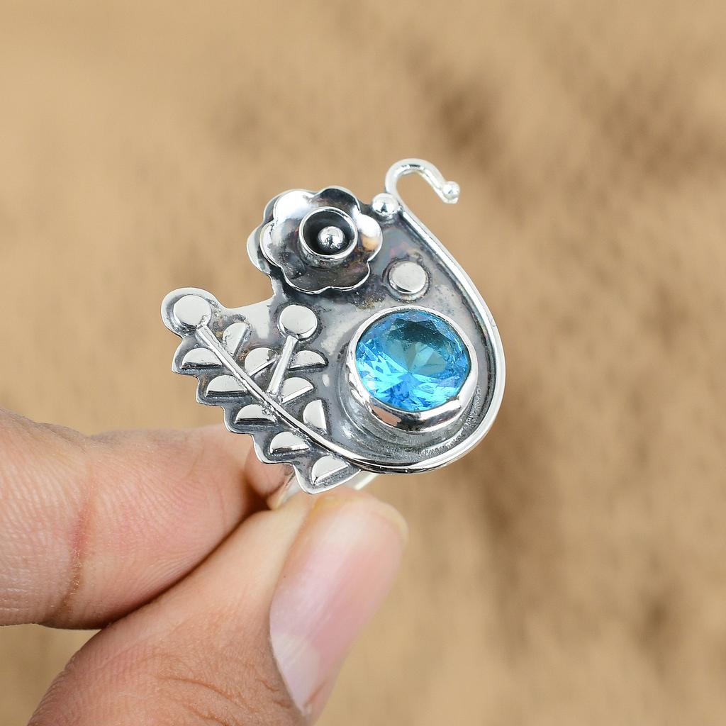 925 Silver Natural Swiss Blue Topaz Flower Wedding Promise Mother Ring Jewelry