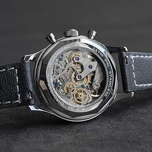 SUGESS Men's Panda Dial Analog Chronograph Watch with Leather Strap and See-Through Back, 38mm (White B)