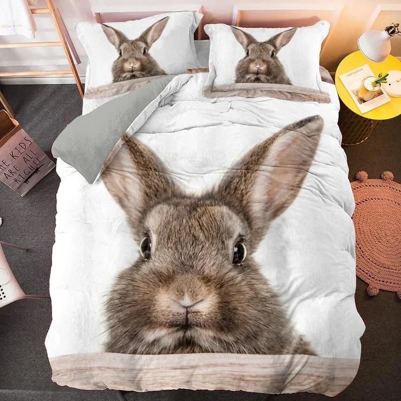 Cartoon Rabbit King Queen Duvet Cover Pet Animal Carrot Bedding Set for Kids Easter Theme Bule Polyester Quilt Cover