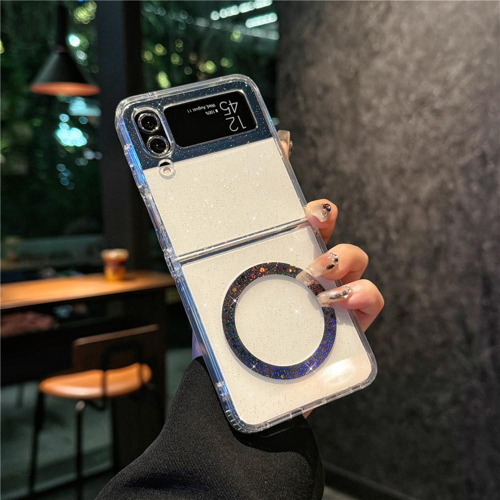 Suitable for Samsung Zflip6 Folding Mobile Phone Case Transparent Glitter Hard Shell Zflip5 Colorful Magnetic Suction Case Zflip3 4