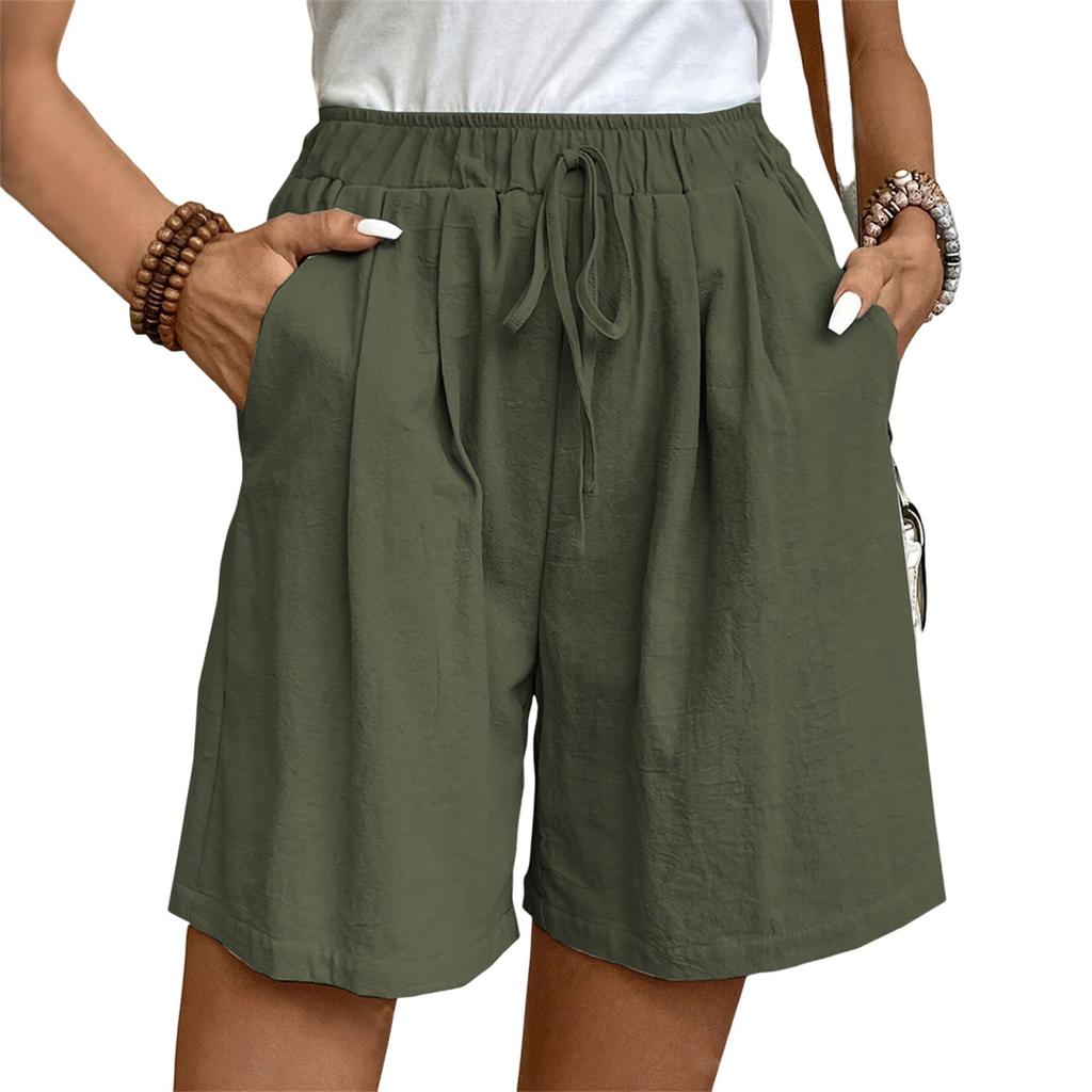 Women's Fashion Color Casual Drawstring Elastic-waisted Beach Pants Everyday Home Shorts With Pocket Pants