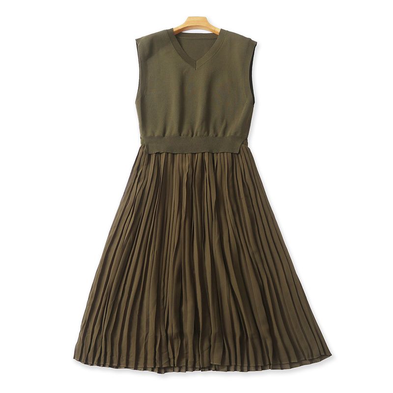 Layered Dress Autumn New Foreign Trade Women Clothes Sweater Vest Elastic Waist Chiffon Pleated Long Dress 32504