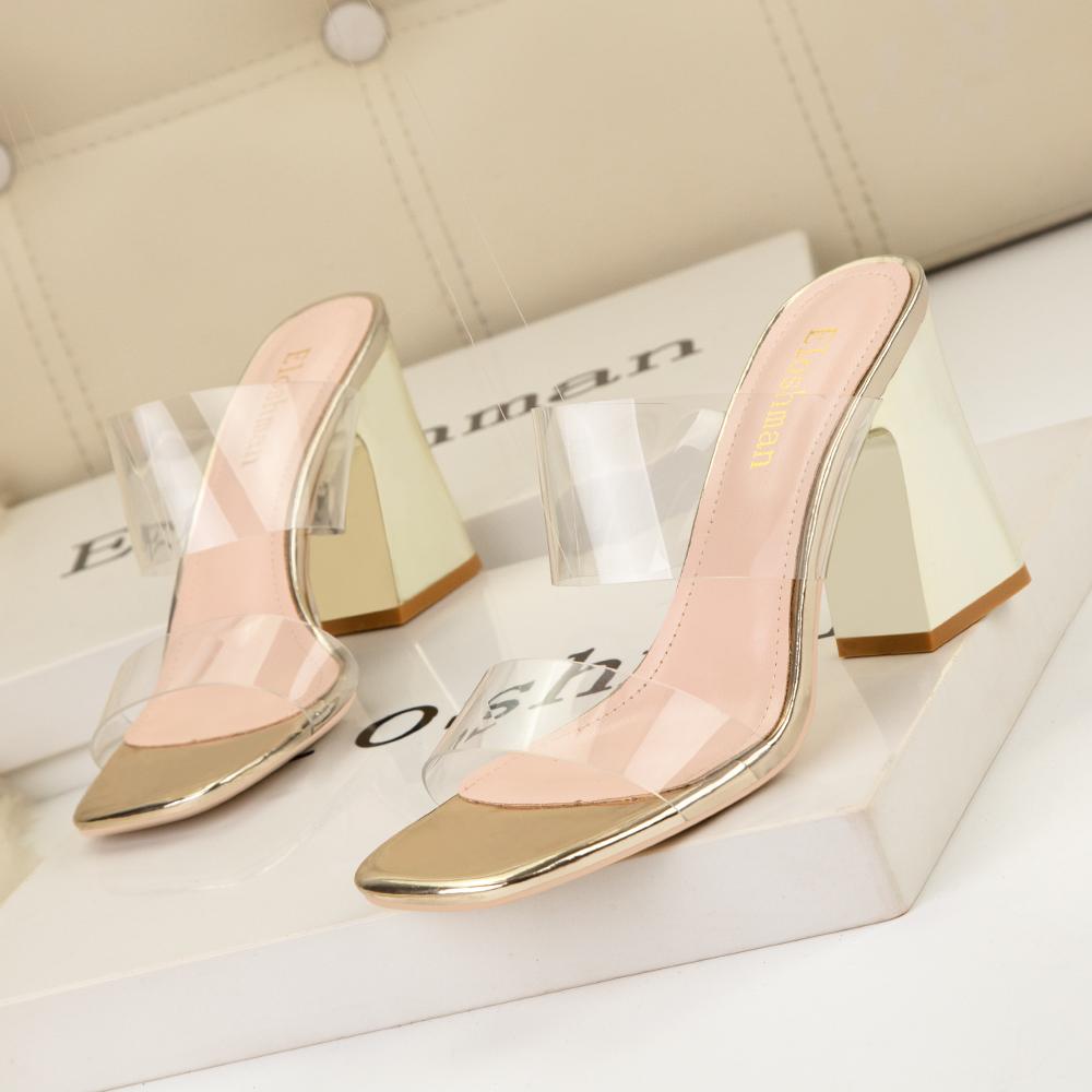 Fashion 2025 Summer Women Block Fetish 8.5cm High Heels Nude Mules Transparent Thick Sandals Female Pumps Clear Low Heels Black Shoes