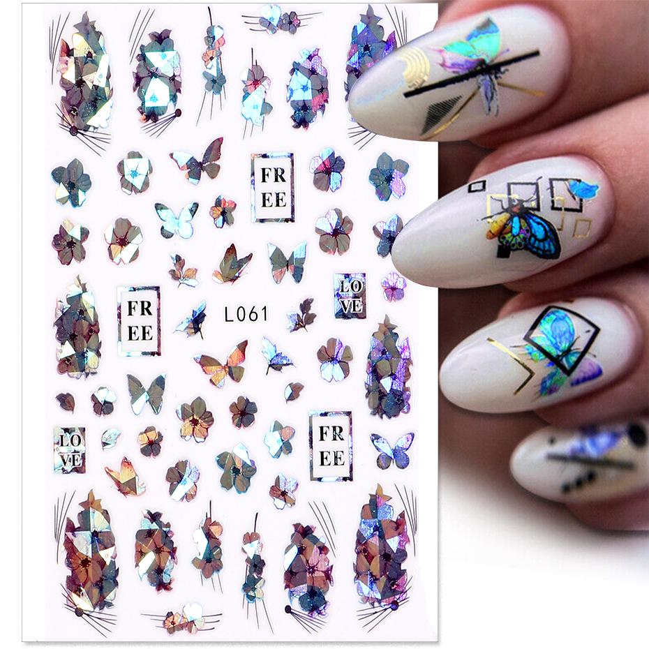 

Блестящие цветы наклейки для ногтей 3D лазерные красочные наклейки в виде листьев и бабочек самоклеющиеся слайдеры для дизайна ногтей декор голографическая фольга HMM