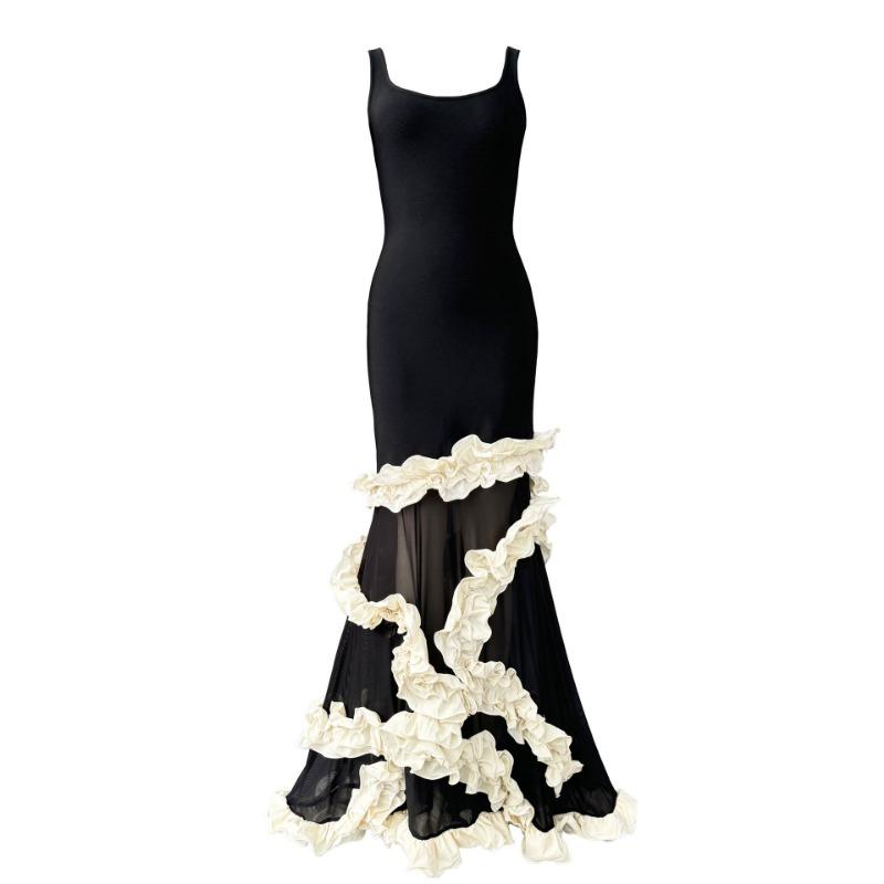 New bandage skirt spring and summer lotus leaf lace mesh irregular side dress women's clothing