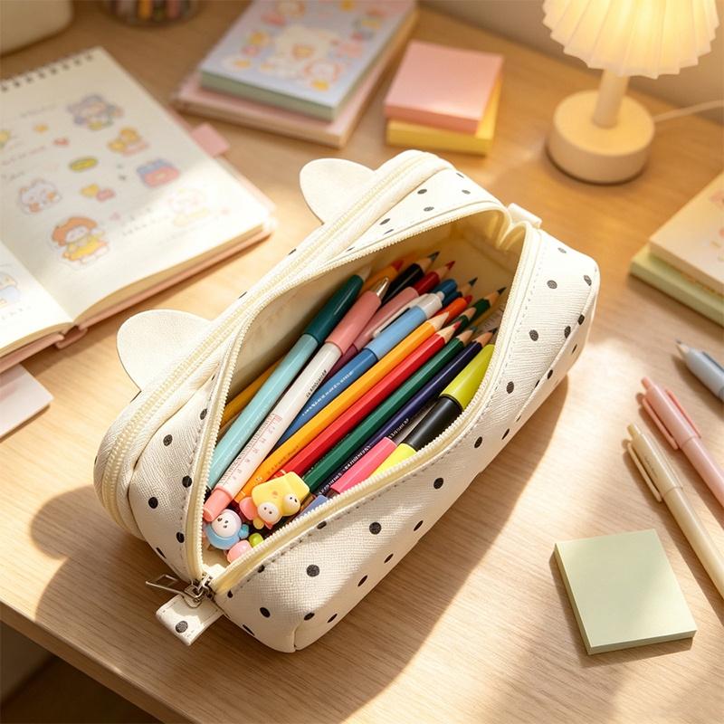 Kawaii Polka Dot Cat Pencil Case Large Capacity Clear Window Inner Pockets For Students School Stationery Storage