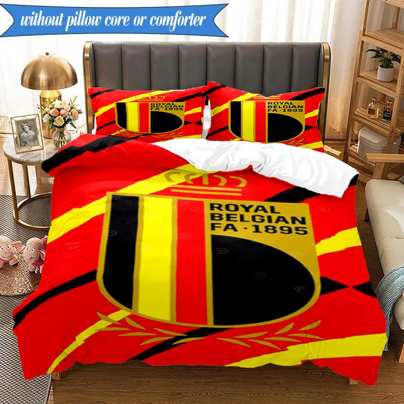 3PCS Belgium Football Crest Emblem Bedding Set 2D Printing (Includes 1 Duvet Cover + 2 Pillowcases Coreless), Bedroom decor,Fan gift