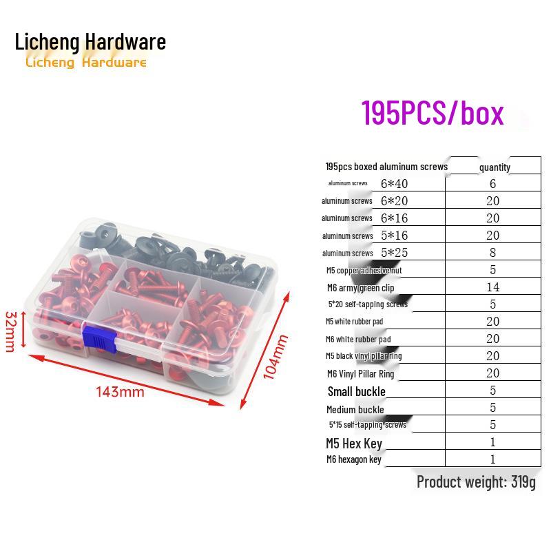 Śruby kolorowe do szyby motocyklowej ze stopu aluminium (177/183/198 szt.)