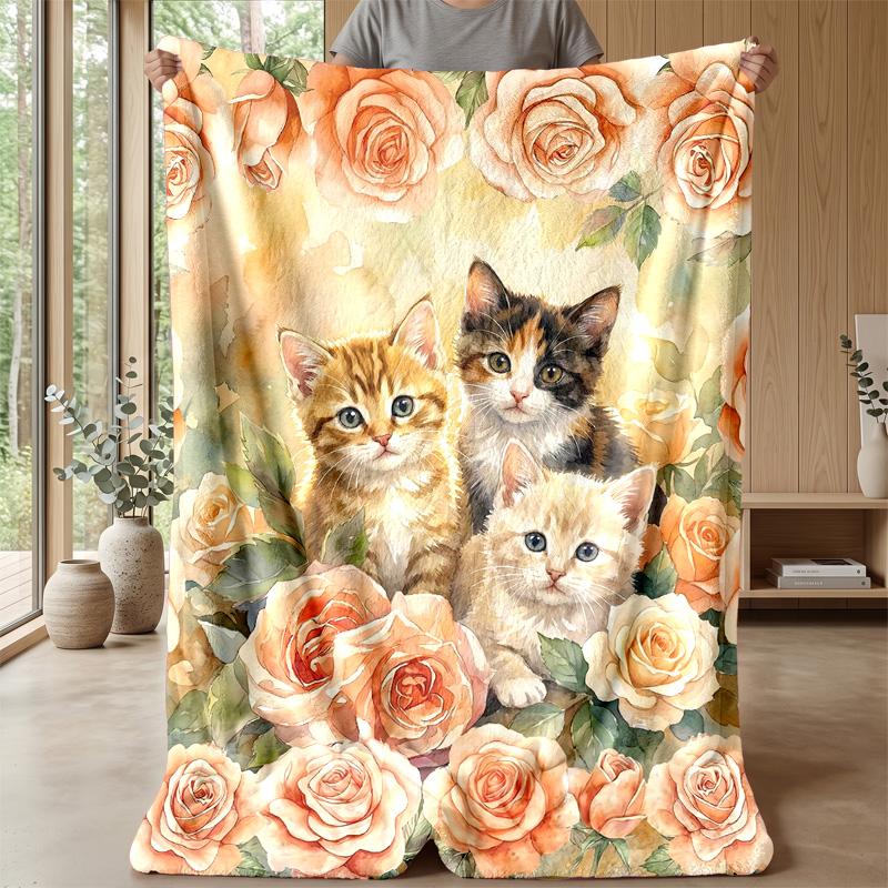 Kittens Among Purple Flowers Theme blanket Lightweight Warm Flannel Blanket Decorative Throw Blanket for Home Decoration