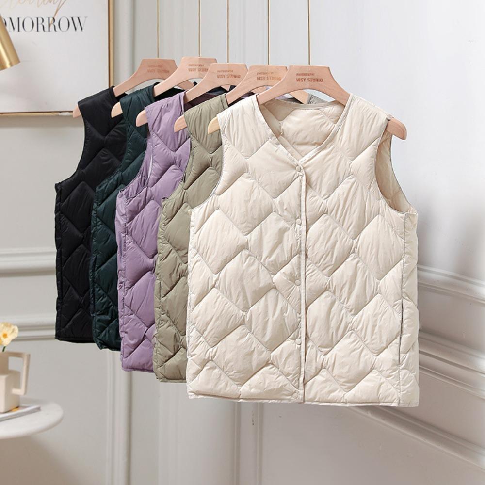 Women's V‑Neck Sleeveless Quilted Down Vest Loose Lightweight White Duck Down Inner Waistcoat Short Outer Gilet