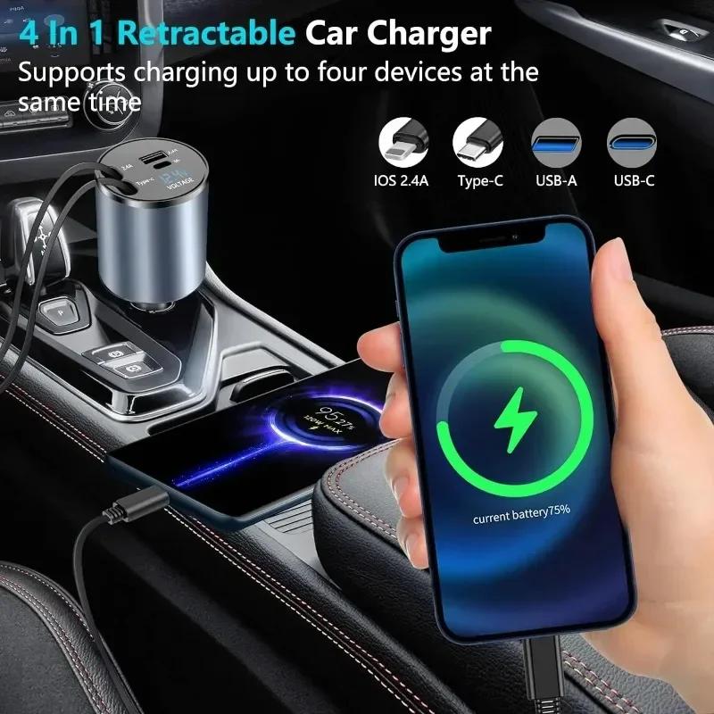 VIKEFON 4 In 1 120W Car Charger Retractable with Dual Retractable Cable Dual USB Ports Car Charger for iPhone 15 14 13 Pro Max