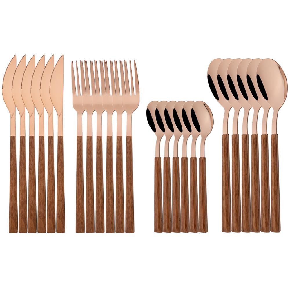 24/30Pcs Knife Dessert Fork Coffee Spoon Tableware Dinnerware Set Imitation Wooden Handle Cutlery Set Stainless Steel Flatware