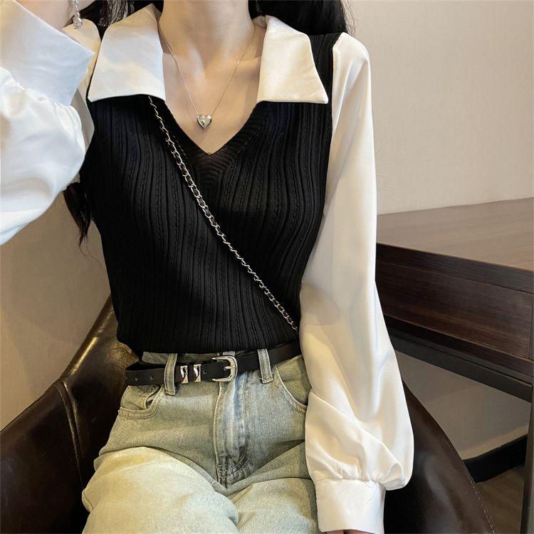 Spring and Autumn V-neck Spliced Lapel Lantern Sleeve Fake Two Piece Short Knitted Top Women's Long Sleeve