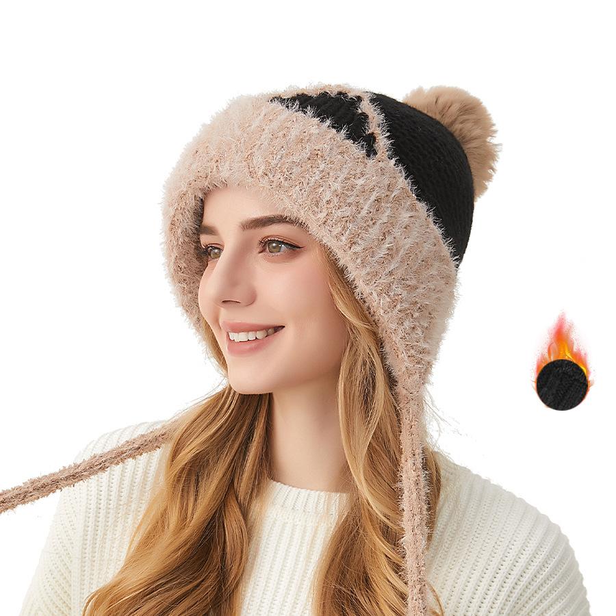 Knitted Hat Women's Autumn Winter Cartoon Cat Ears Elastic Wool Hat Three Hair Balls Ear Protection Wool Hat