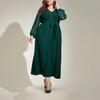 Plus Size Tie-Waist Patchwork Pleated Dress - Elegant Spring/Autumn Long Sleeve Style