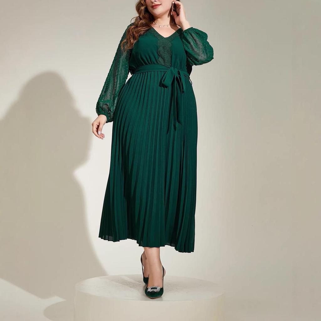 Plus Size Tie-Waist Patchwork Pleated Dress - Elegant Spring/Autumn Long Sleeve Style