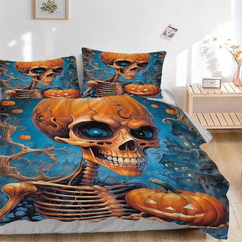 3pcs Halloween Skeleton Duvet Cover Set, Cover For Bedroom Guest Room (1 Duvet Cover + 2 Pillowcase, Without Quilt),  yy250922144