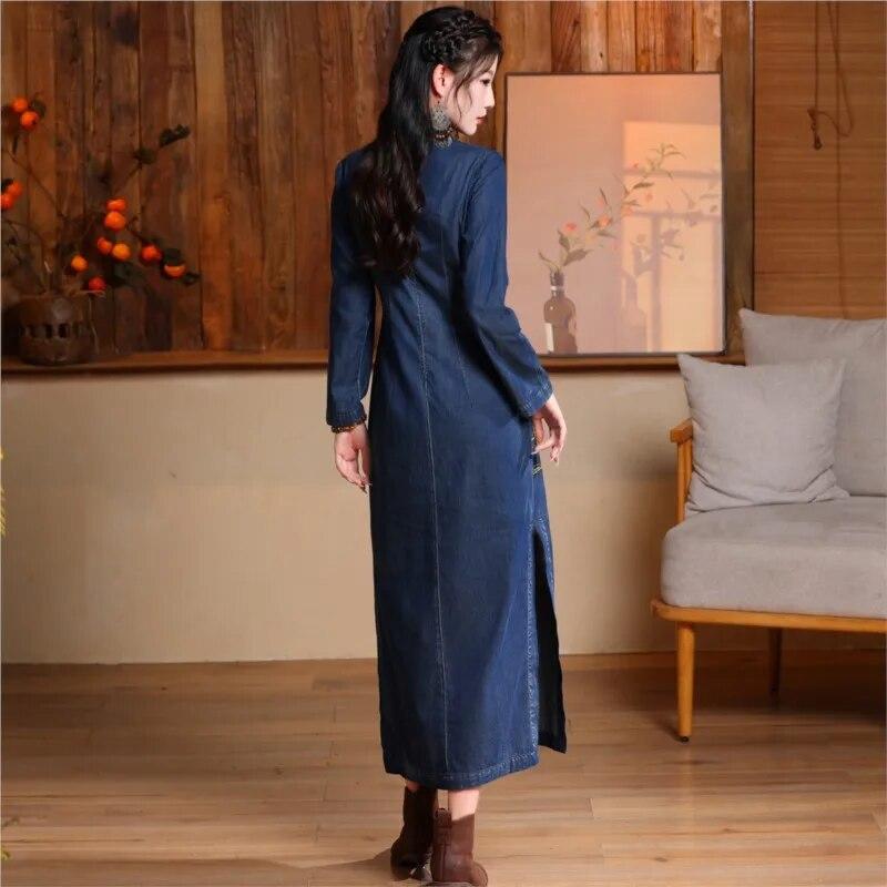 Johnature Chinese Style Collar Personality Improve Long Sleeve Woman Spring Vintage Embroidery Cotton Dress