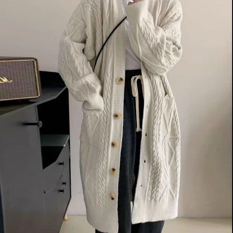 Medium and Long Over-knee Lazy Wind Cardigan Knitted Sweater Autumn Twist New Pocket Knitted Sweater Outer Coat