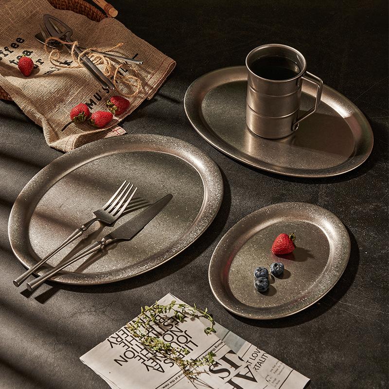 Retro edelstahl platte 304 retro schneeflocke grau stil oval platte flache platte grill heißer topf restaurant flach