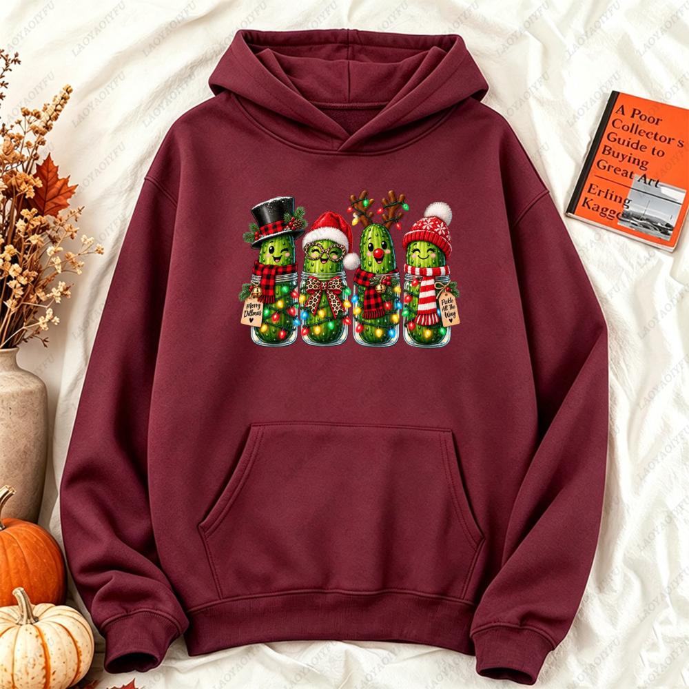 Christmas Pickle Family Funny Pickle Jar Xmas Graphic Hoodie Women Casual Long Sleeve Pullover Humorous Winter Clothes Women