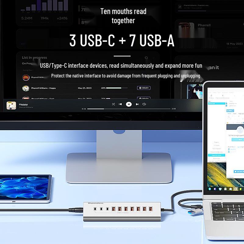 BlueShuo USB 3.2 10-Port Typ-C Hub Splitter für Laptops & Desktops