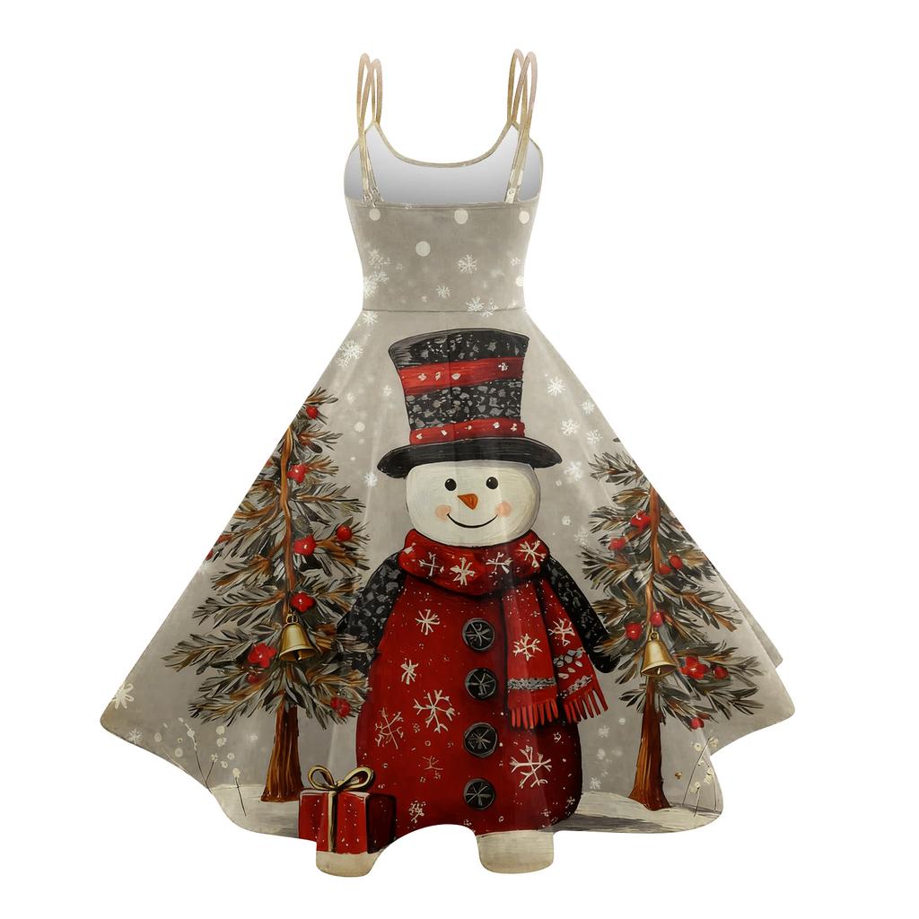 Women's Christmas Print Casual Fashion Round Neck Mid-Length Dress