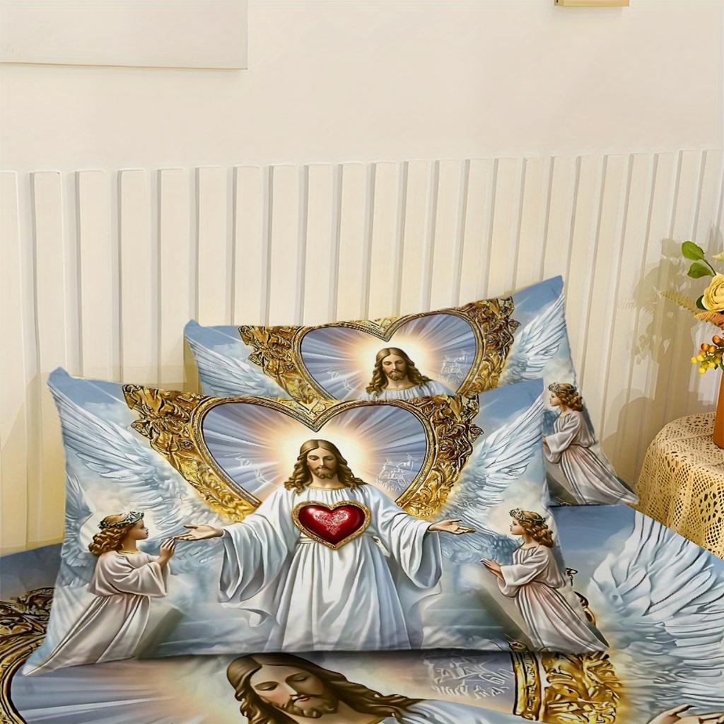 3pcs Bedding Set with a Religious Pattern Featuring Sacred Heart Angels Including a Fitted Sheet And Two Pillowcases