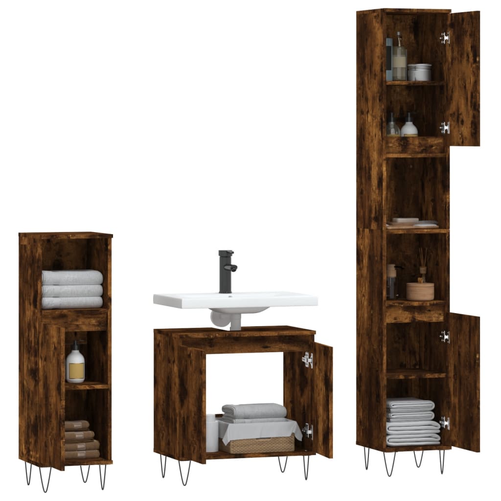 3 Piece Bathroom Furniture Set Smoked Oak Wood Based Material