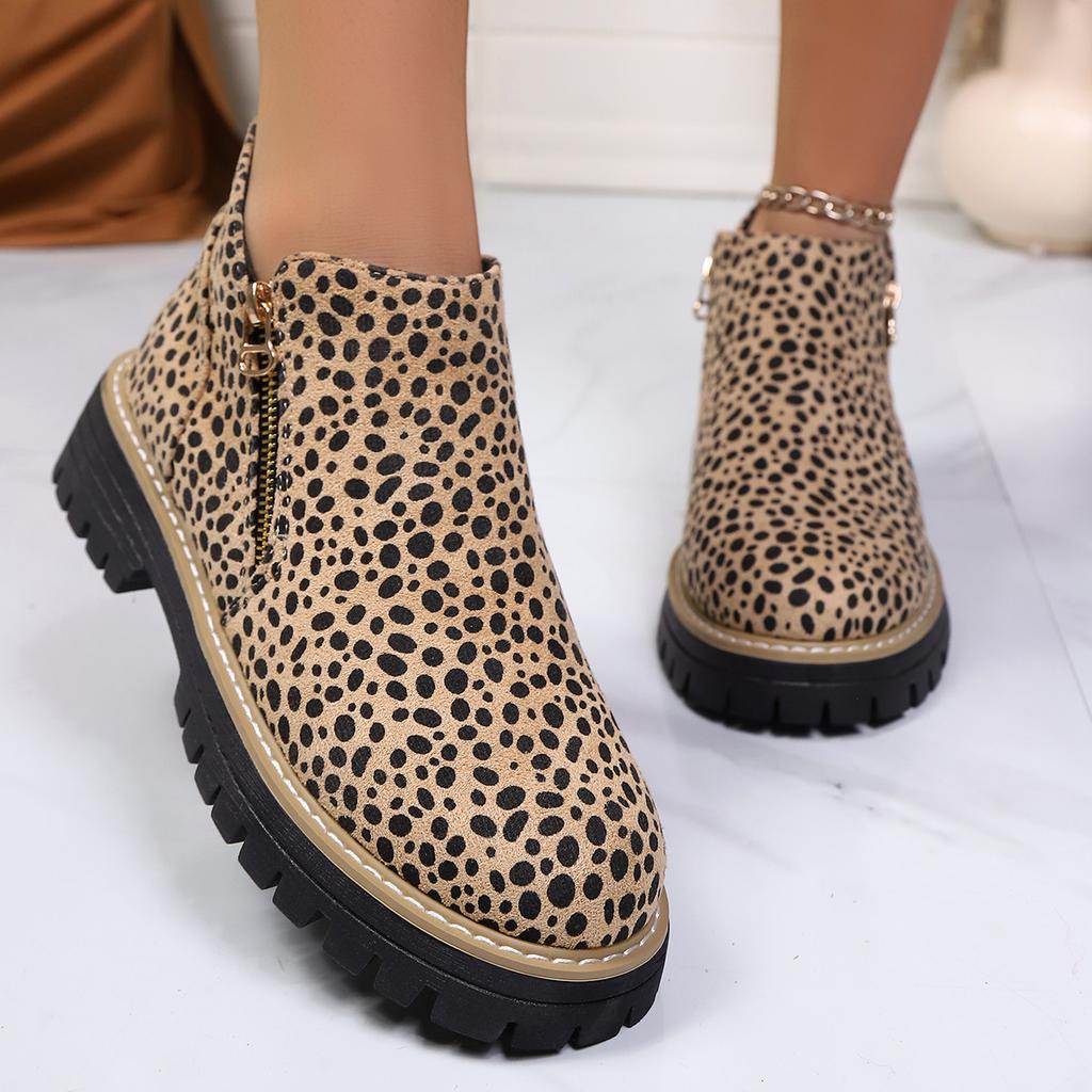 European and American Foreign Trade Large Size Leopard Print Thick Heel Short Martin Boots Women's Cross-border Thin Casual Side Zipper Chelsea Boots