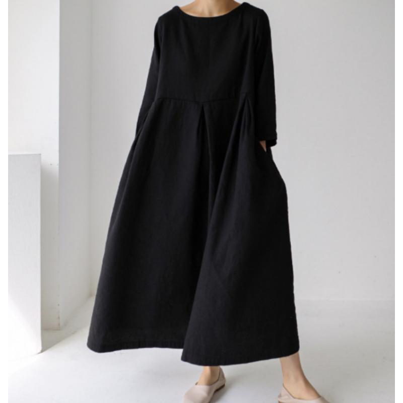 New Women's Plus Size Cotton Linen Dress, Loose Fit Round Neck Long Sleeve Knee-Length Pullover, Japanese Korean Forest Girl Style Casual Summer Dress