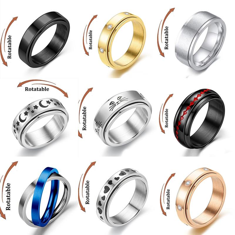 Simple Stainless Steel Anxiety Fidget Spinner Rings for Couple Rotating Anti Stress Wedding Band Knuckle Ring Fashion Zircon